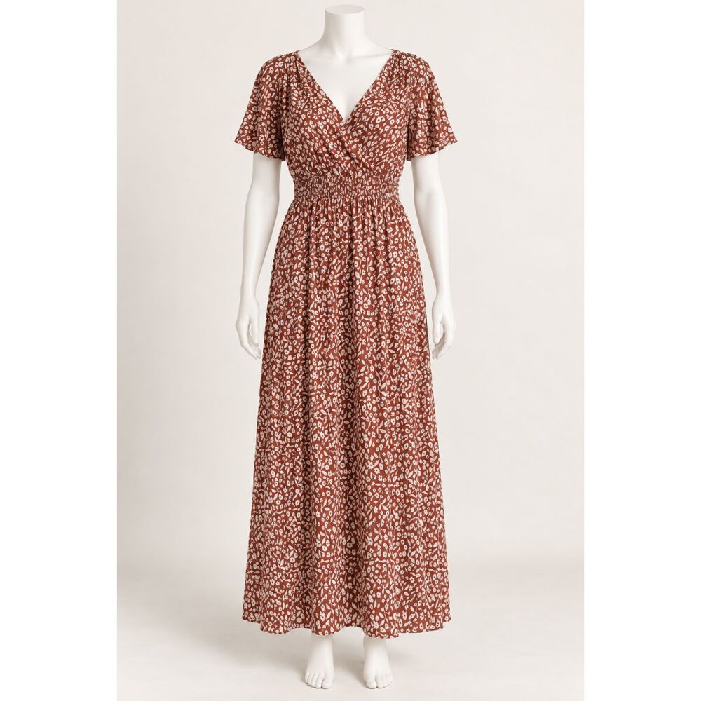 SHEIN Rust Brown White Floral Wrap V Neck Smocked Waist Maxi Dress L